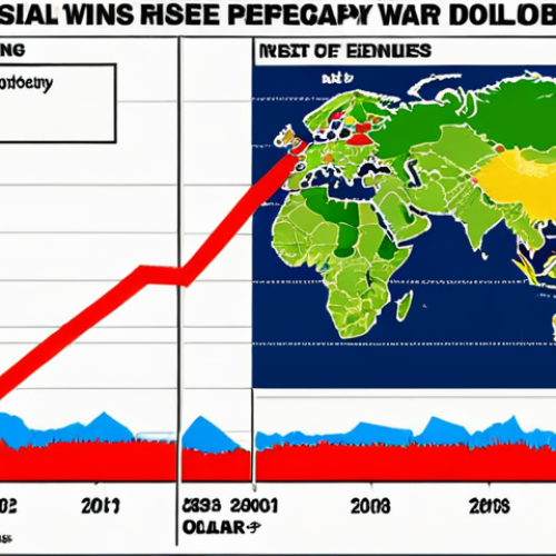 Home 11 **A dramatic graph showcasing the dollar's rise, contrasted against a backdrop of global news headlines about geopolitical conflicts. The graph should be strong, with a clear upward trend. In the background, snippets of war zones or political unrest.** This visually represents the "safe haven" aspect of the dollar during global crises.