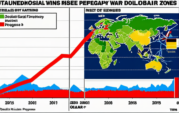 **A dramatic graph showcasing the dollar's rise, contrasted against a backdrop of global news headlines about geopolitical conflicts. The graph should be strong, with a clear upward trend. In the background, snippets of war zones or political unrest.** This visually represents the "safe haven" aspect of the dollar during global crises.